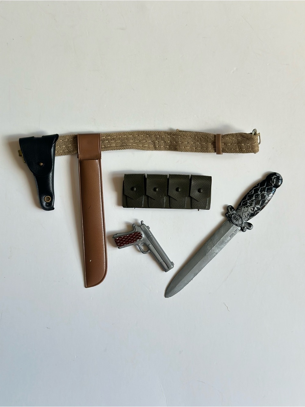 VTG. 1964 Hasbro GI-Joe Colt 45 W/ Holster Cartridge Pouches, Web Belt, Sword